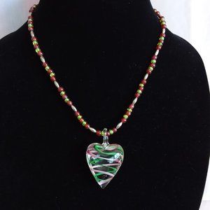 Pink & Green Glass Heart Pendant Necklace&Earrings
